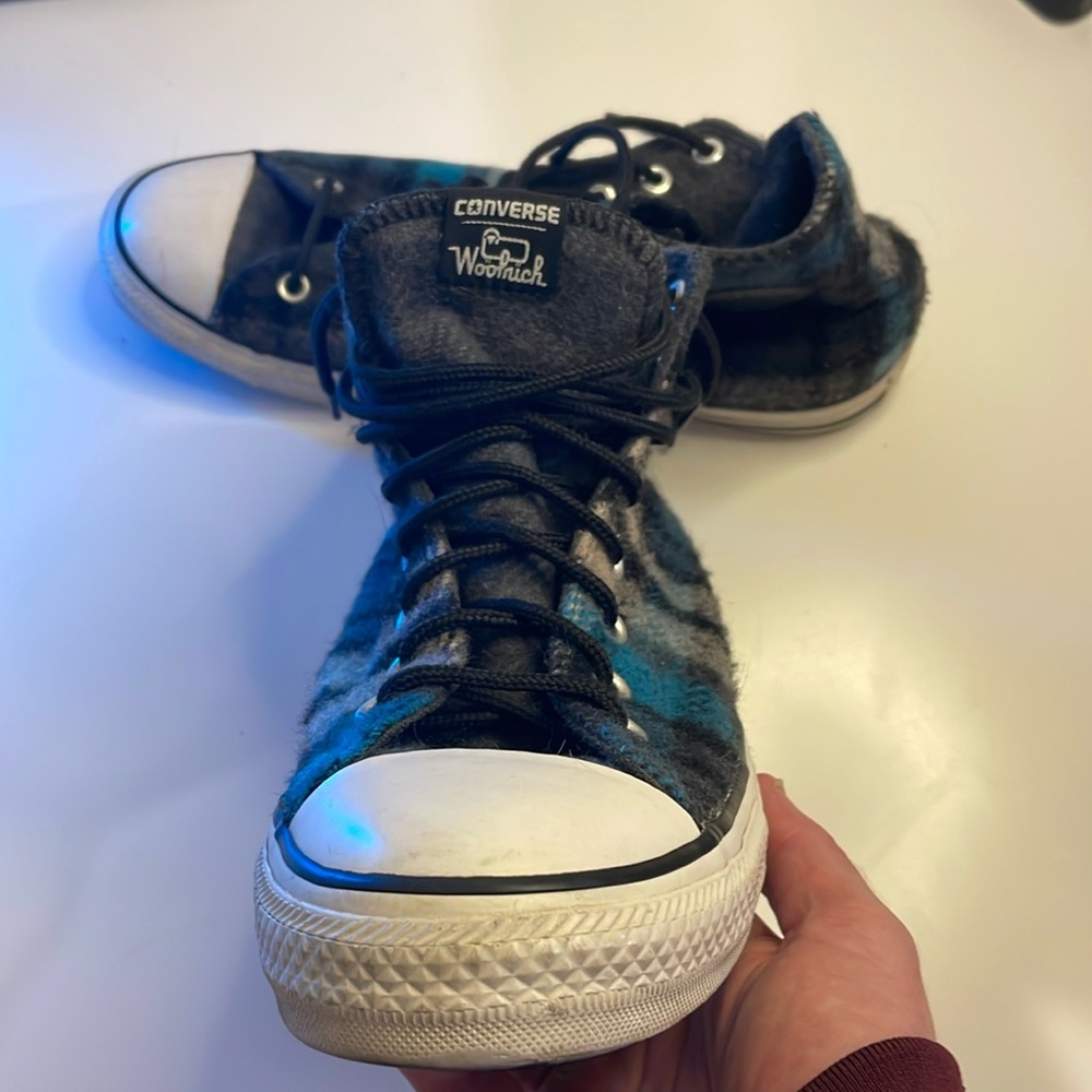 Woolrich X Converse Chuck Taylors 
Men’s size 10.5 Blue/Black Plaid 100% wool